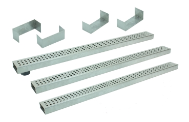 Entwässerungsrinnen Edelstahl superflach Rost Quadratlochung SET Typ 3, System 35/80